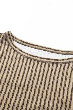 Fashion Dear-Lover Striped Crew Neck Ruffled Tank Top Khaki