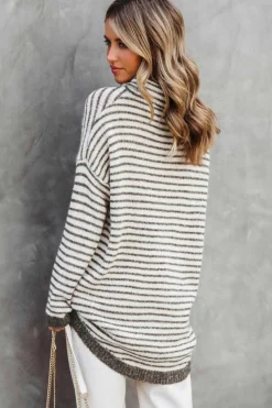 Fashion Dear-Lover Striped Turtleneck Loose Sweater Khaki