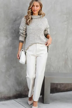 Fashion Dear-Lover Striped Turtleneck Loose Sweater Khaki