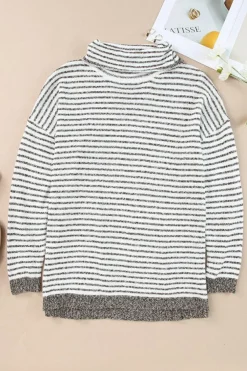 Fashion Dear-Lover Striped Turtleneck Loose Sweater Khaki