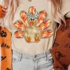 Fashion Dear-Lover Thanksgiving Bowknot Turkey Graphic Crewneck Tee Khaki