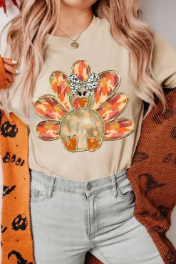 Fashion Dear-Lover Thanksgiving Bowknot Turkey Graphic Crewneck Tee Khaki