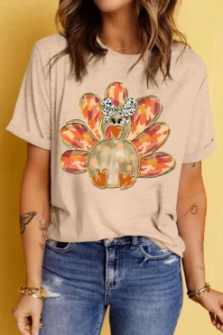 Fashion Dear-Lover Thanksgiving Bowknot Turkey Graphic Crewneck Tee Khaki