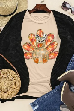 Fashion Dear-Lover Thanksgiving Bowknot Turkey Graphic Crewneck Tee Khaki