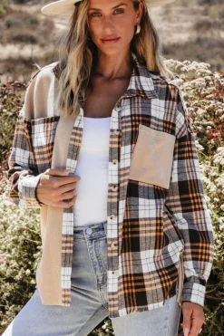 New Dear-Lover Thermal Knit Plaid Patchwork Shacket Khaki