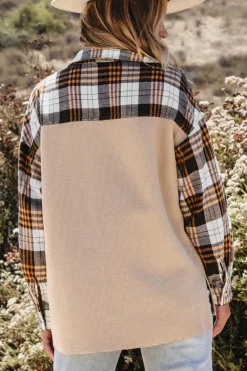 New Dear-Lover Thermal Knit Plaid Patchwork Shacket Khaki