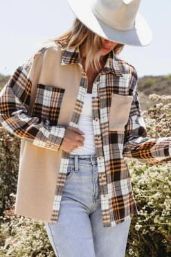 New Dear-Lover Thermal Knit Plaid Patchwork Shacket Khaki