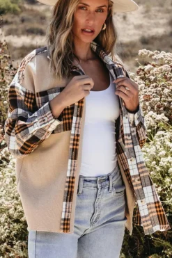 New Dear-Lover Thermal Knit Plaid Patchwork Shacket Khaki