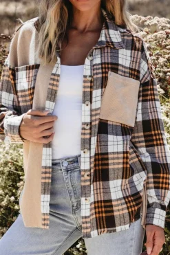 New Dear-Lover Thermal Knit Plaid Patchwork Shacket Khaki