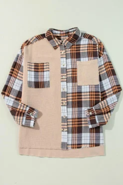 New Dear-Lover Thermal Knit Plaid Patchwork Shacket Khaki