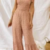 Clearance Dear-Lover Thin Straps Smocked Bodice Wide Leg Floral Jumpsuit Khaki