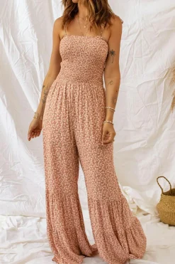 Clearance Dear-Lover Thin Straps Smocked Bodice Wide Leg Floral Jumpsuit Khaki