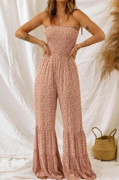Clearance Dear-Lover Thin Straps Smocked Bodice Wide Leg Floral Jumpsuit Khaki
