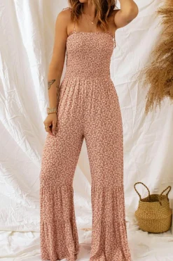 Clearance Dear-Lover Thin Straps Smocked Bodice Wide Leg Floral Jumpsuit Khaki