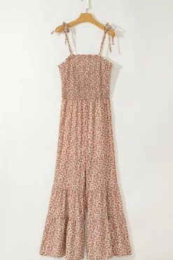 Clearance Dear-Lover Thin Straps Smocked Bodice Wide Leg Floral Jumpsuit Khaki
