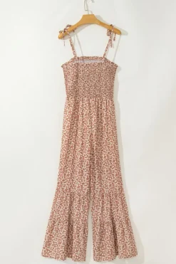 Clearance Dear-Lover Thin Straps Smocked Bodice Wide Leg Floral Jumpsuit Khaki