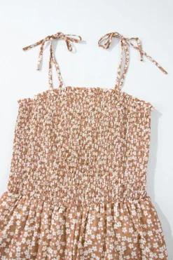 Clearance Dear-Lover Thin Straps Smocked Bodice Wide Leg Floral Jumpsuit Khaki