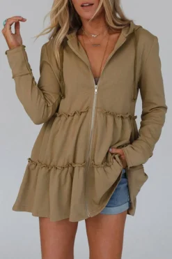 Best Dear-Lover Tiered Ruffled Zip-Up Drawstring Hooded Jacket Khaki