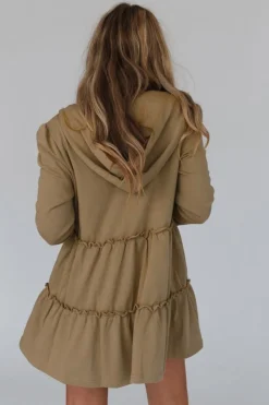 Best Dear-Lover Tiered Ruffled Zip-Up Drawstring Hooded Jacket Khaki