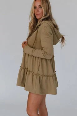 Best Dear-Lover Tiered Ruffled Zip-Up Drawstring Hooded Jacket Khaki