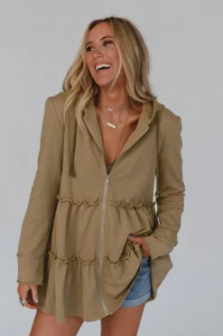 Best Dear-Lover Tiered Ruffled Zip-Up Drawstring Hooded Jacket Khaki