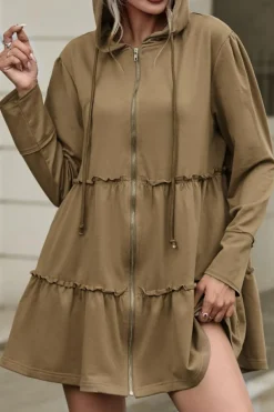 Best Dear-Lover Tiered Ruffled Zip-Up Drawstring Hooded Jacket Khaki