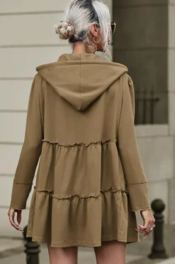 Best Dear-Lover Tiered Ruffled Zip-Up Drawstring Hooded Jacket Khaki