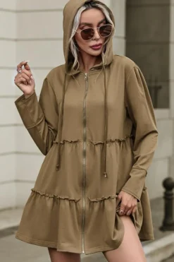 Best Dear-Lover Tiered Ruffled Zip-Up Drawstring Hooded Jacket Khaki