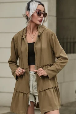 Best Dear-Lover Tiered Ruffled Zip-Up Drawstring Hooded Jacket Khaki