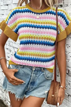 Hot Dear-Lover Trimmed Ruffle Sleeve Colorful Textured Sweater Khaki