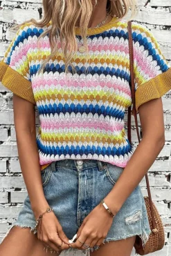 Hot Dear-Lover Trimmed Ruffle Sleeve Colorful Textured Sweater Khaki