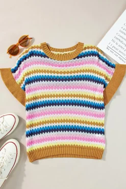 Hot Dear-Lover Trimmed Ruffle Sleeve Colorful Textured Sweater Khaki