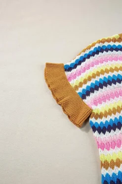 Hot Dear-Lover Trimmed Ruffle Sleeve Colorful Textured Sweater Khaki