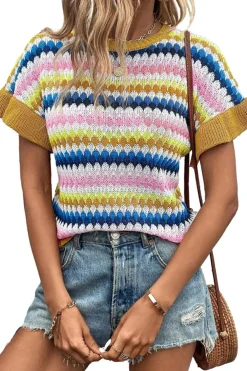 Hot Dear-Lover Trimmed Ruffle Sleeve Colorful Textured Sweater Khaki