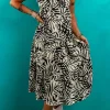 Best Dear-Lover Tropical Palm Print Wrapped V Neck Spaghetti Straps Tiered Dress Khaki