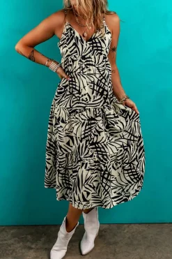 Best Dear-Lover Tropical Palm Print Wrapped V Neck Spaghetti Straps Tiered Dress Khaki