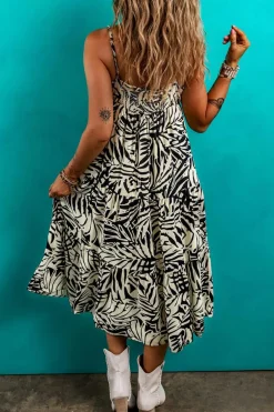 Best Dear-Lover Tropical Palm Print Wrapped V Neck Spaghetti Straps Tiered Dress Khaki
