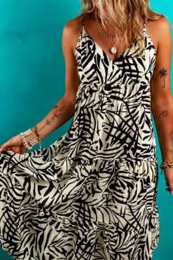 Best Dear-Lover Tropical Palm Print Wrapped V Neck Spaghetti Straps Tiered Dress Khaki