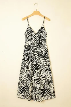 Best Dear-Lover Tropical Palm Print Wrapped V Neck Spaghetti Straps Tiered Dress Khaki