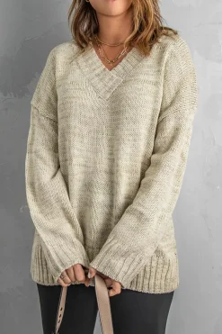 Outlet Dear-Lover V neck Drop Shoulder Knitted Sweater Khaki