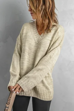 Outlet Dear-Lover V neck Drop Shoulder Knitted Sweater Khaki