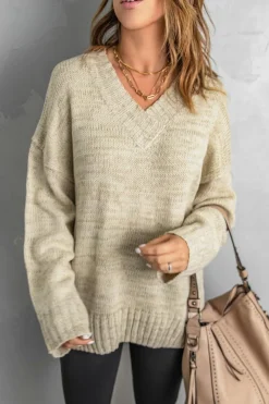 Outlet Dear-Lover V neck Drop Shoulder Knitted Sweater Khaki