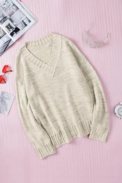 Outlet Dear-Lover V neck Drop Shoulder Knitted Sweater Khaki