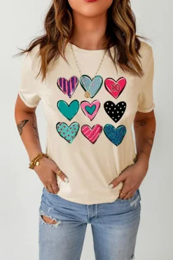 Discount Dear-Lover Valentines Multi Pattern Heart Shape Graphic T Shirt Khaki