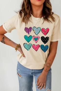 Discount Dear-Lover Valentines Multi Pattern Heart Shape Graphic T Shirt Khaki