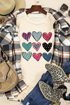 Discount Dear-Lover Valentines Multi Pattern Heart Shape Graphic T Shirt Khaki