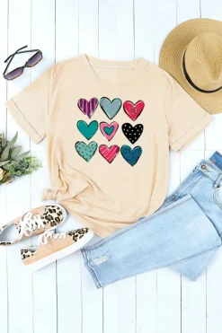 Discount Dear-Lover Valentines Multi Pattern Heart Shape Graphic T Shirt Khaki