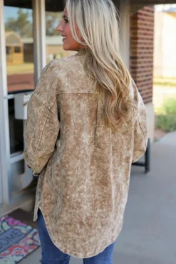 New Dear-Lover Vintage Distressed Mineral Wash Oversized Shacket Khaki