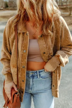 New Dear-Lover Vintage Washed Flap Pocket Button Shacket Khaki