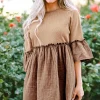Fashion Dear-Lover Waffle Crinkle Patchwork Frilled Flare Dress Khaki